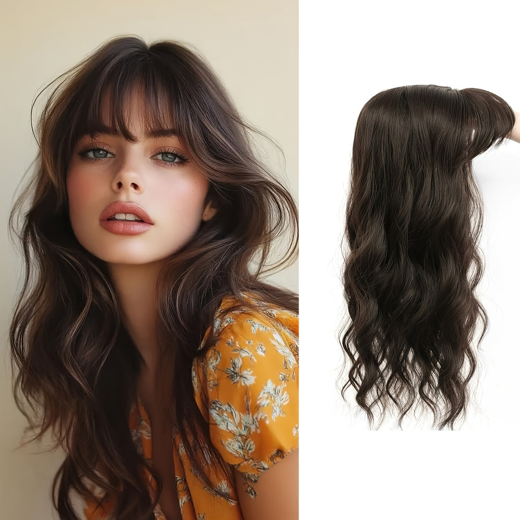22” Long Curly Wavy Topper Wig with Bangs - Brown to Blonde Ombre Hairpiece Suitable for Women with Thinning Hair or Bald, Natural-Looking Voluminous Waves, Secure Fit Wig for Everyday Use & Hair Loss Solutions, Instant Volume & Scalp Coverage