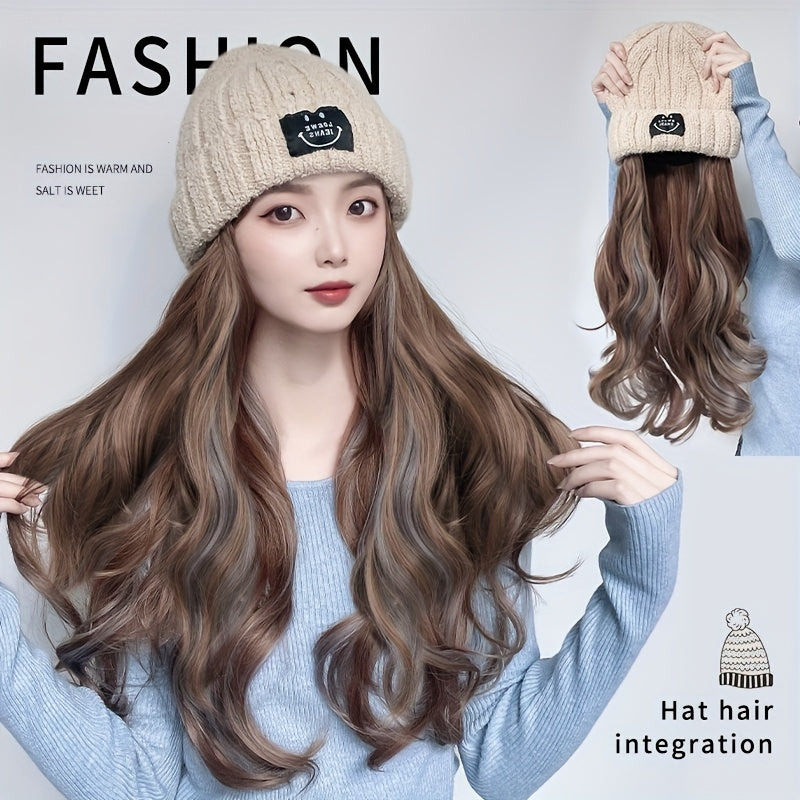 Kpop Cosplay Korean Long Curly Hair Hat Wig Integrated Autumn And Winter Knitted Plus Velvet Hat Wig Fluffy Long Curly Hair Travel Fashionable And Versatile For All Ladies' Daily Wear Halloween Hair Pieces For Women Decorate A Christmas Wig