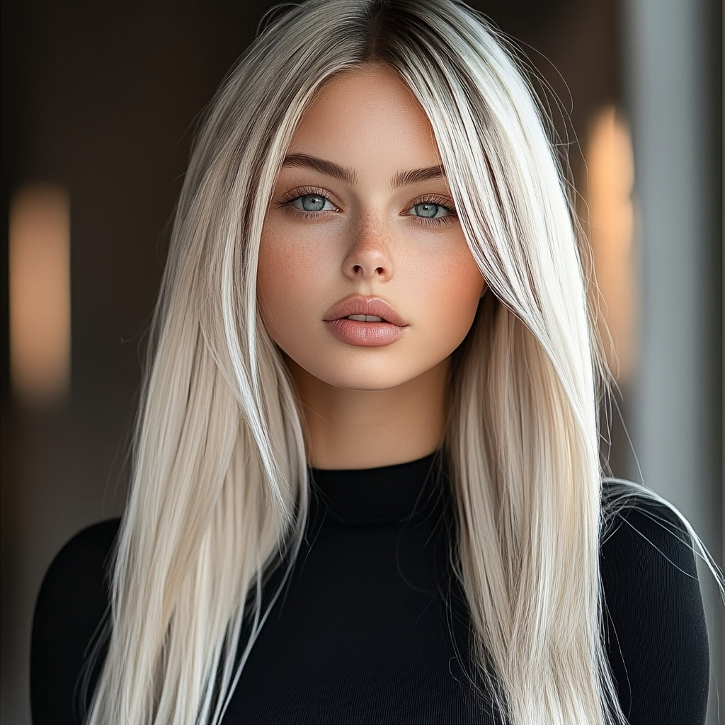 26 - Inch Elegant Women'S White Ombre Straight Wig With A - Line Bangs. Made Of Heat - Resistant Synthetic Fiber, Glue - Free, Breathable & Ultra - Light For All - Day Comfort And A Natural Look. Perfect For Daily Wear, Festivals And Parties