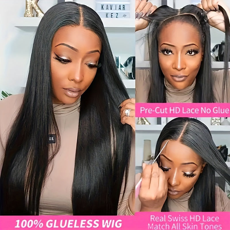 Glueless Wear and Go Wigs Human Hair Pre Plucked 200% Density Pre Cut Lace Free Part Glueless Wear and Go Wig HD Straight 4x4 wig human hair for Women Real No Glue Ready to Wear Wigs for Women