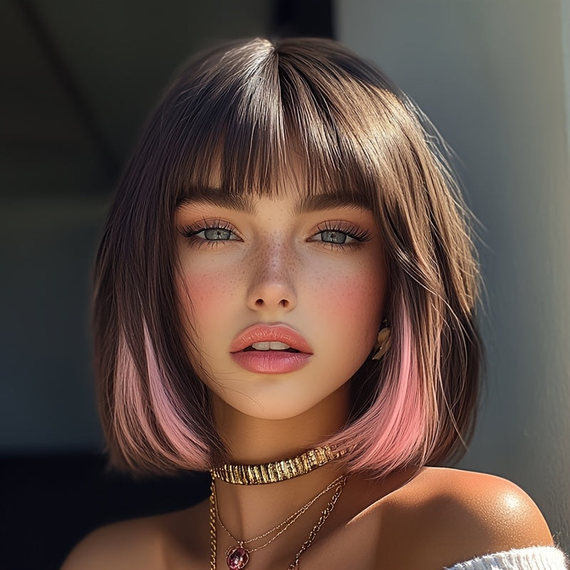 14-inch Brown Mixed Pink Bob Synthetic Short Hair With Bangs Look Is Easy To Wear For Daily Commutes To Various Parties Wigs For Women, Wigs For Women, Wigs For Women