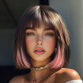 14-inch Brown Mixed Pink Bob Synthetic Short Hair With Bangs Look Is Easy To Wear For Daily Commutes To Various Parties Wigs For Women, Wigs For Women, Wigs For Women