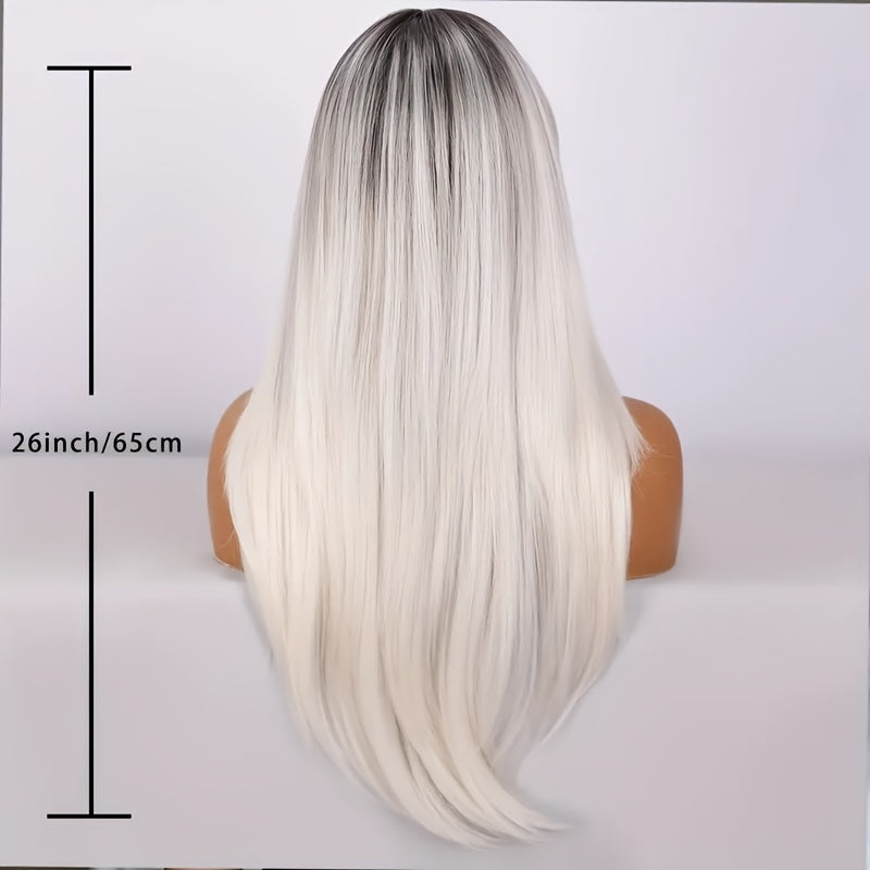 26 - Inch Elegant Women'S White Ombre Straight Wig With A - Line Bangs. Made Of Heat - Resistant Synthetic Fiber, Glue - Free, Breathable & Ultra - Light For All - Day Comfort And A Natural Look. Perfect For Daily Wear, Festivals And Parties