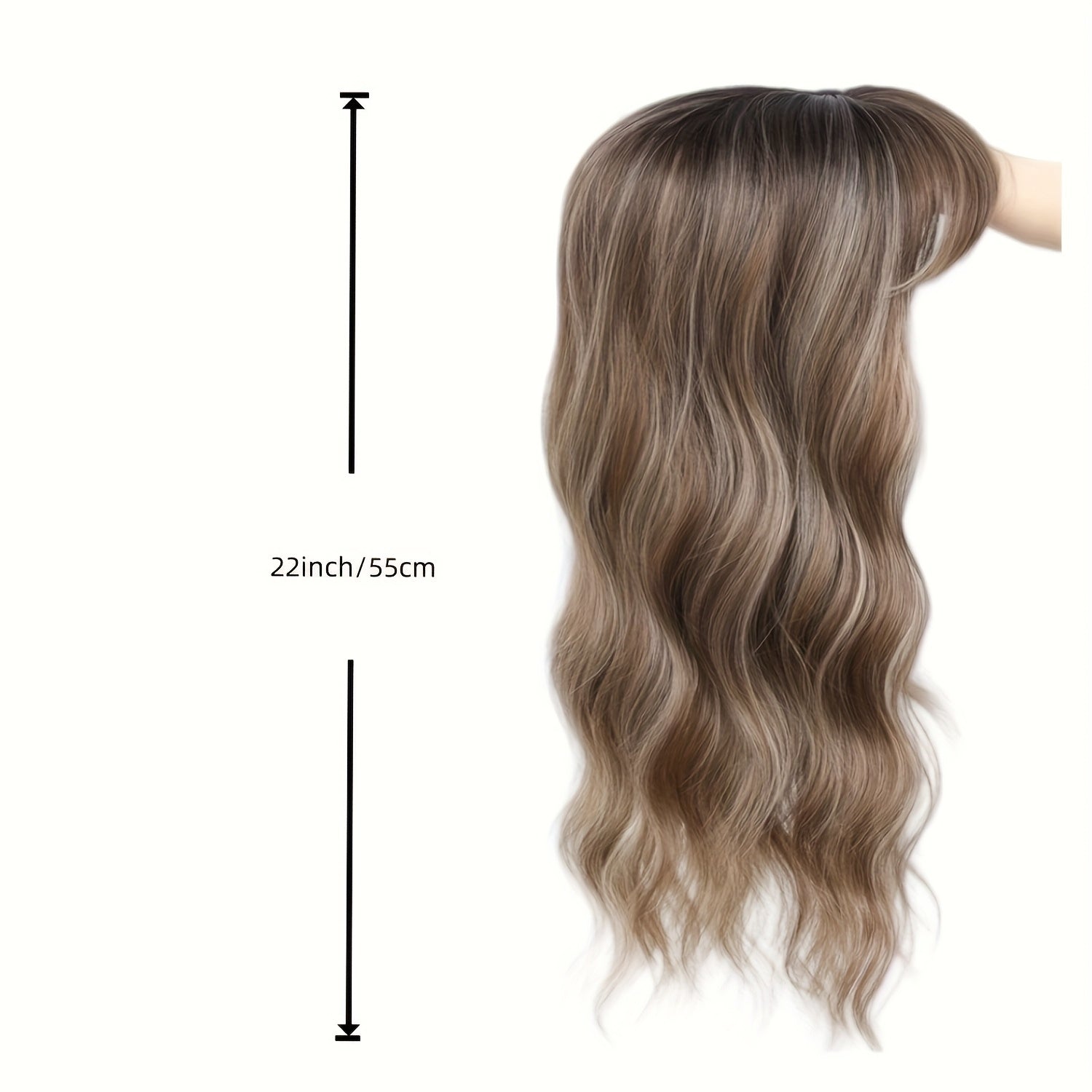 22” Long Curly Wavy Topper Wig with Bangs - Brown to Blonde Ombre Hairpiece Suitable for Women with Thinning Hair or Bald, Natural-Looking Voluminous Waves, Secure Fit Wig for Everyday Use & Hair Loss Solutions, Instant Volume & Scalp Coverage