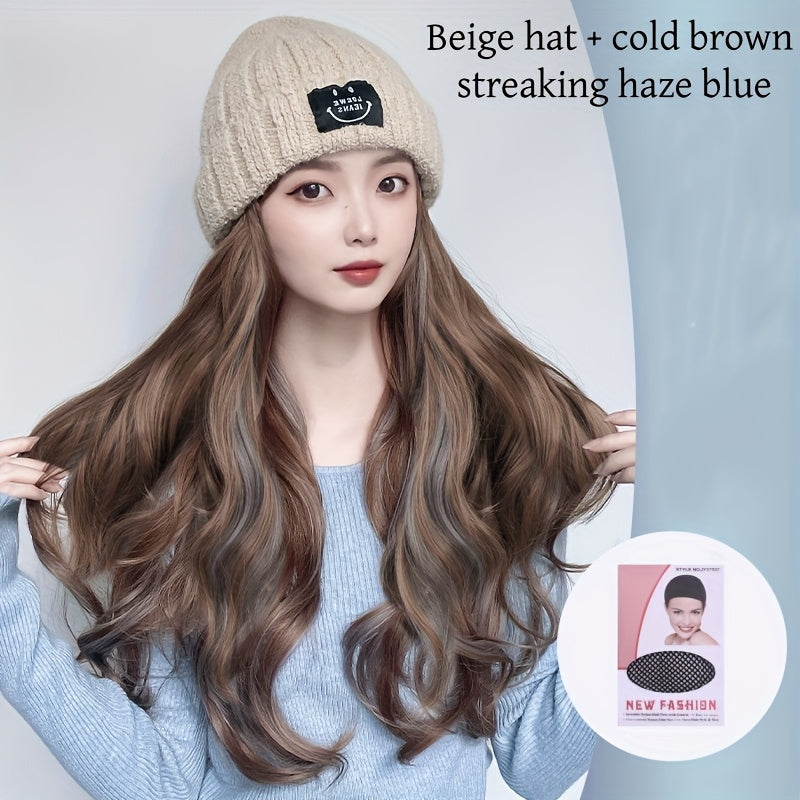 Kpop Cosplay Korean Long Curly Hair Hat Wig Integrated Autumn And Winter Knitted Plus Velvet Hat Wig Fluffy Long Curly Hair Travel Fashionable And Versatile For All Ladies' Daily Wear Halloween Hair Pieces For Women Decorate A Christmas Wig