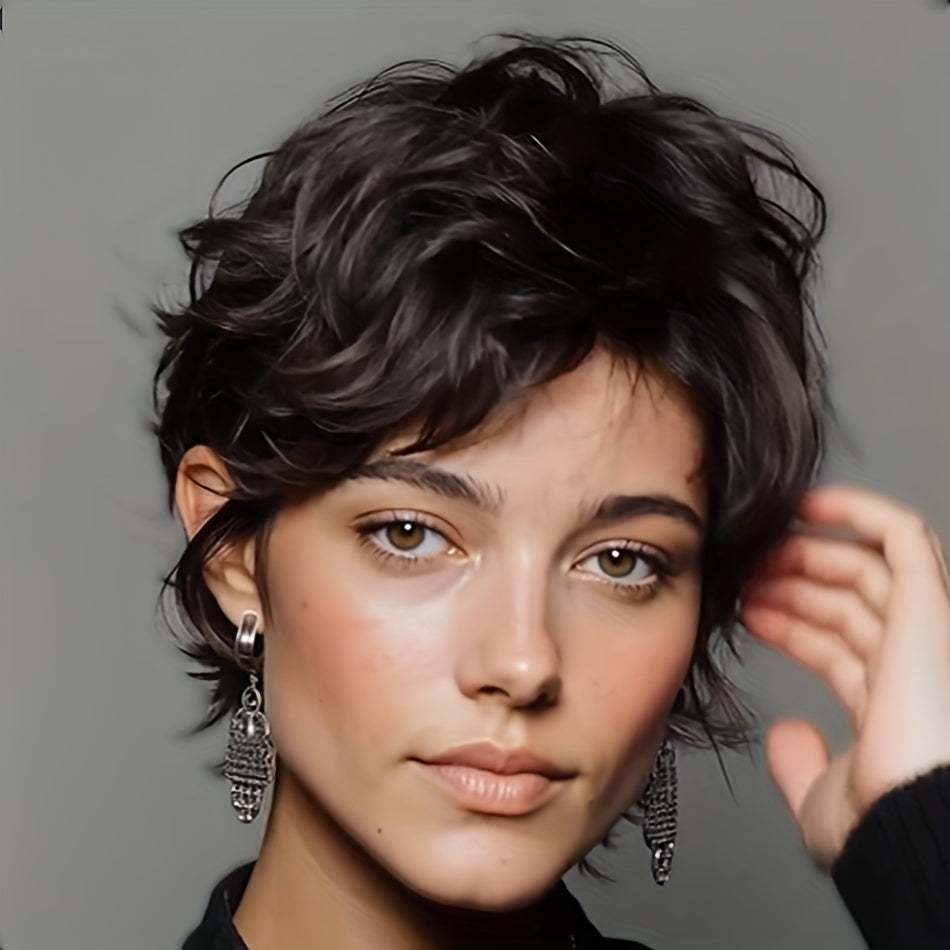 Women's Natural Black Short Straight Mullet Wig Layered with Bangs - 200% Density Human Hair (Rose Net) | Instant Volume & Fullness for Daily Wear, Wolf Haircut Short Cut Hairstyle Suitable for Casual Attire and Parties & Christmas & Black Friday