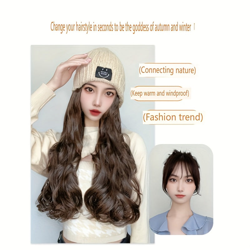 Kpop Cosplay Korean Long Curly Hair Hat Wig Integrated Autumn And Winter Knitted Plus Velvet Hat Wig Fluffy Long Curly Hair Travel Fashionable And Versatile For All Ladies' Daily Wear Halloween Hair Pieces For Women Decorate A Christmas Wig