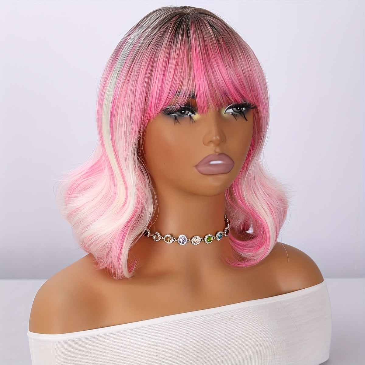 14 Inches, Short Pink Gradient Dyeing Bob Hair, Straight Bangs, Comfortable And Breathable, Women'S Wig, High Temperature Fiber, Suitable for Daily\u002F Wear