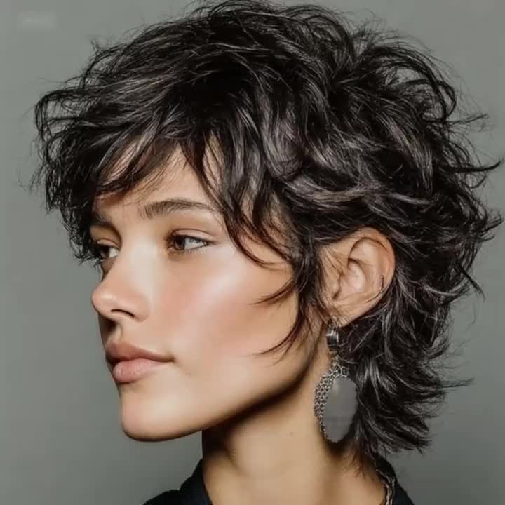 Women's Natural Black Short Straight Mullet Wig Layered with Bangs - 200% Density Human Hair (Rose Net) | Instant Volume & Fullness for Daily Wear, Wolf Haircut Short Cut Hairstyle Suitable for Casual Attire and Parties & Christmas & Black Friday