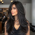 Stylish Long Straight Wig for Women with a Black Split Design And Layered Cut, Perfect for Everyday Use And Special Occasions Like Christmas, Thanksgiving, New Year Celebrations, Mother'S Day