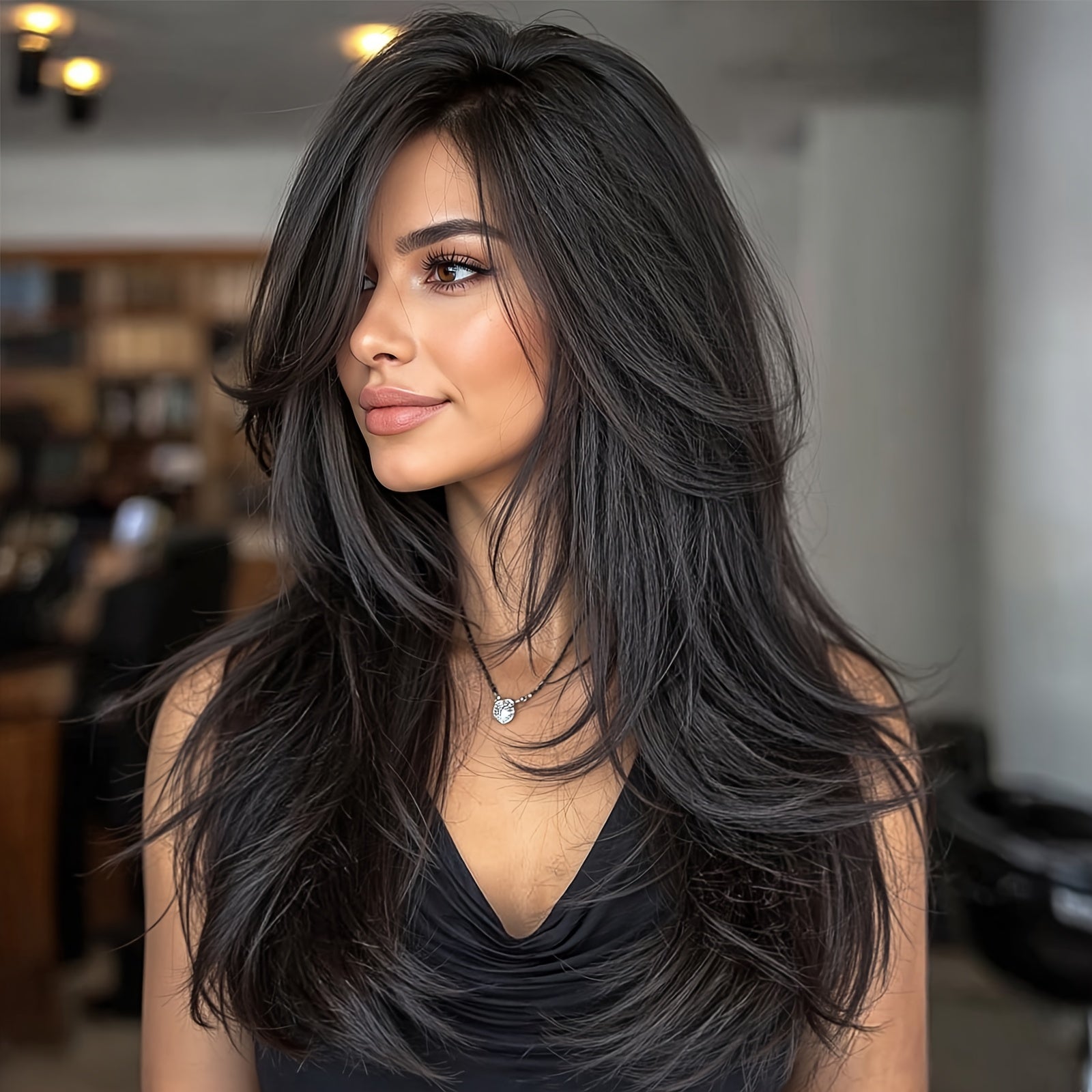 Stylish Long Straight Wig for Women with a Black Split Design And Layered Cut, Perfect for Everyday Use And Special Occasions Like Christmas, Thanksgiving, New Year Celebrations, Mother'S Day