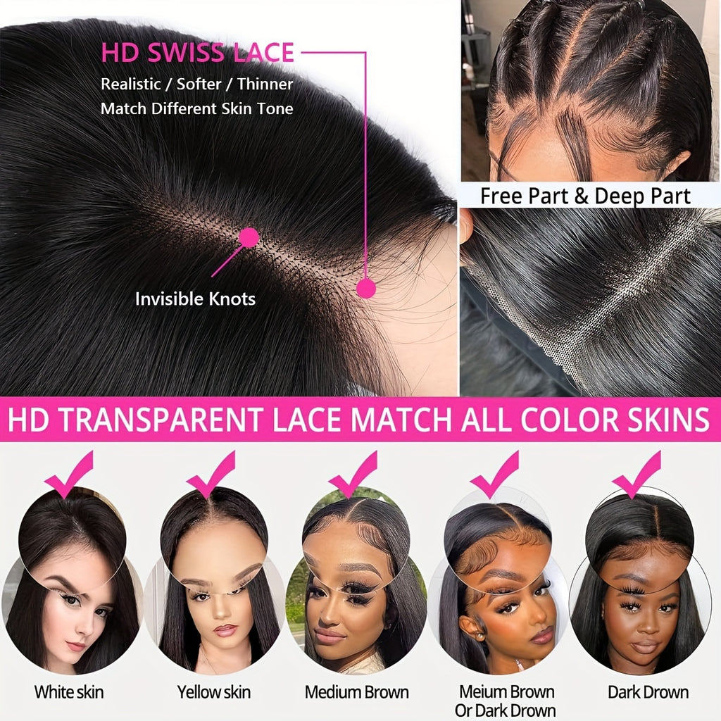 Wigs for Women Made from Human Hair, Featuring a Glueless Straight Bob Design with 4X4 HD Lace And 250% Density. These Wigs Are Easy to Wear, Pre-Plucked, And Pre-Cut, Perfect for Daily Use, Parties, Music Festivals