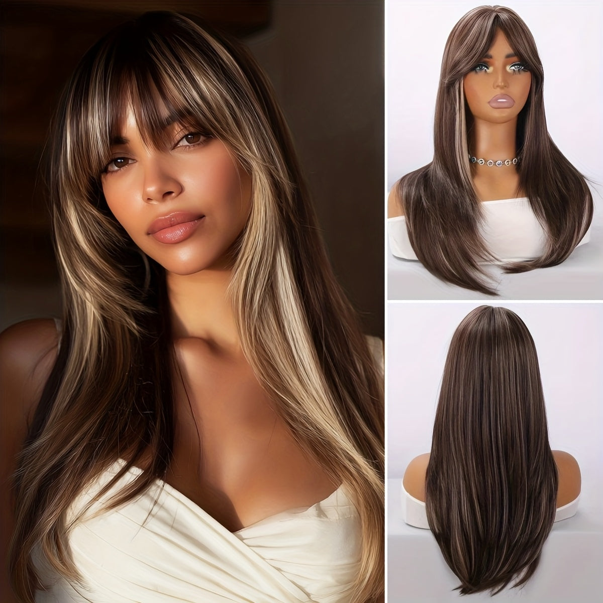 26 - Inch Elegant Women'S White Ombre Straight Wig With A - Line Bangs. Made Of Heat - Resistant Synthetic Fiber, Glue - Free, Breathable & Ultra - Light For All - Day Comfort And A Natural Look. Perfect For Daily Wear, Festivals And Parties
