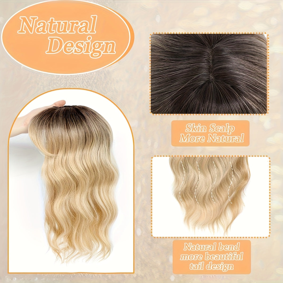 22” Long Curly Wavy Topper Wig with Bangs - Brown to Blonde Ombre Hairpiece Suitable for Women with Thinning Hair or Bald, Natural-Looking Voluminous Waves, Secure Fit Wig for Everyday Use & Hair Loss Solutions, Instant Volume & Scalp Coverage