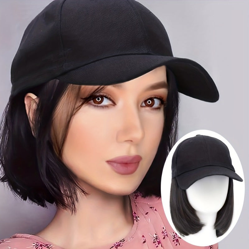 Chic 8-Inch Short Bob Wig with Adjustable Black Baseball Cap - Easy-to-Wear Synthetic Hair Extension for Women & Girls