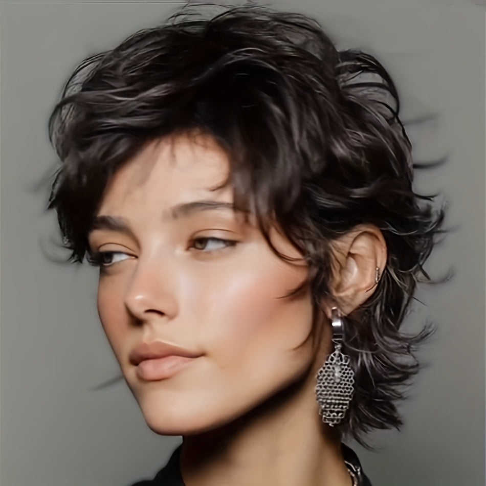 Women's Natural Black Short Straight Mullet Wig Layered with Bangs - 200% Density Human Hair (Rose Net) | Instant Volume & Fullness for Daily Wear, Wolf Haircut Short Cut Hairstyle Suitable for Casual Attire and Parties & Christmas & Black Friday