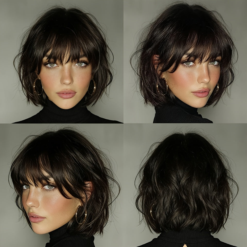 Straight Bob Human Hair Wigs With Bangs for Women | 100% Real Human Hair, Rose Net, Glueless, Full Machine Made, Remy Brazilian, Natural Color, 200% Density, Ideal for Holiday and Party Wear
