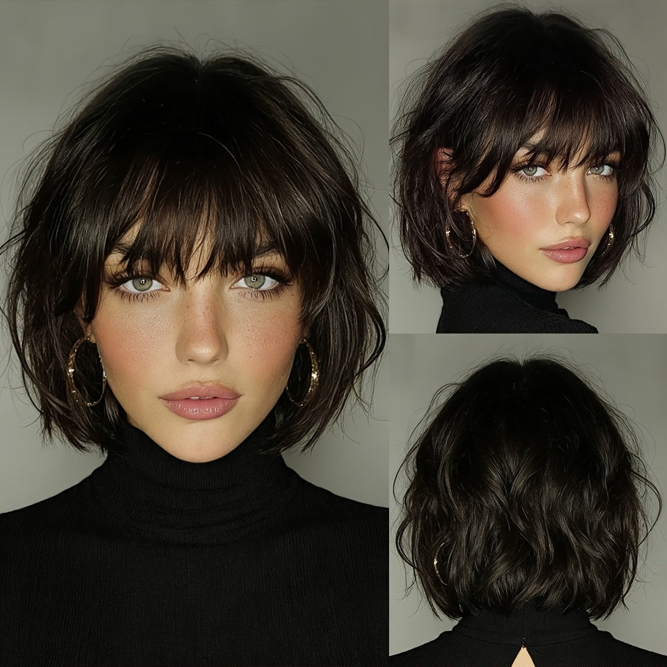 Straight Bob Human Hair Wigs With Bangs for Women | 100% Real Human Hair, Rose Net, Glueless, Full Machine Made, Remy Brazilian, Natural Color, 200% Density, Ideal for Holiday and Party Wear