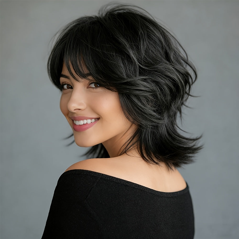Human Hair Glueless Wig for Women-Pixie Cut Human Hair Wig with Bangs for Ladies- High Quality No Lace Front Wig Wear And Go for Daily And Cosplay, Wig Real Human Hair