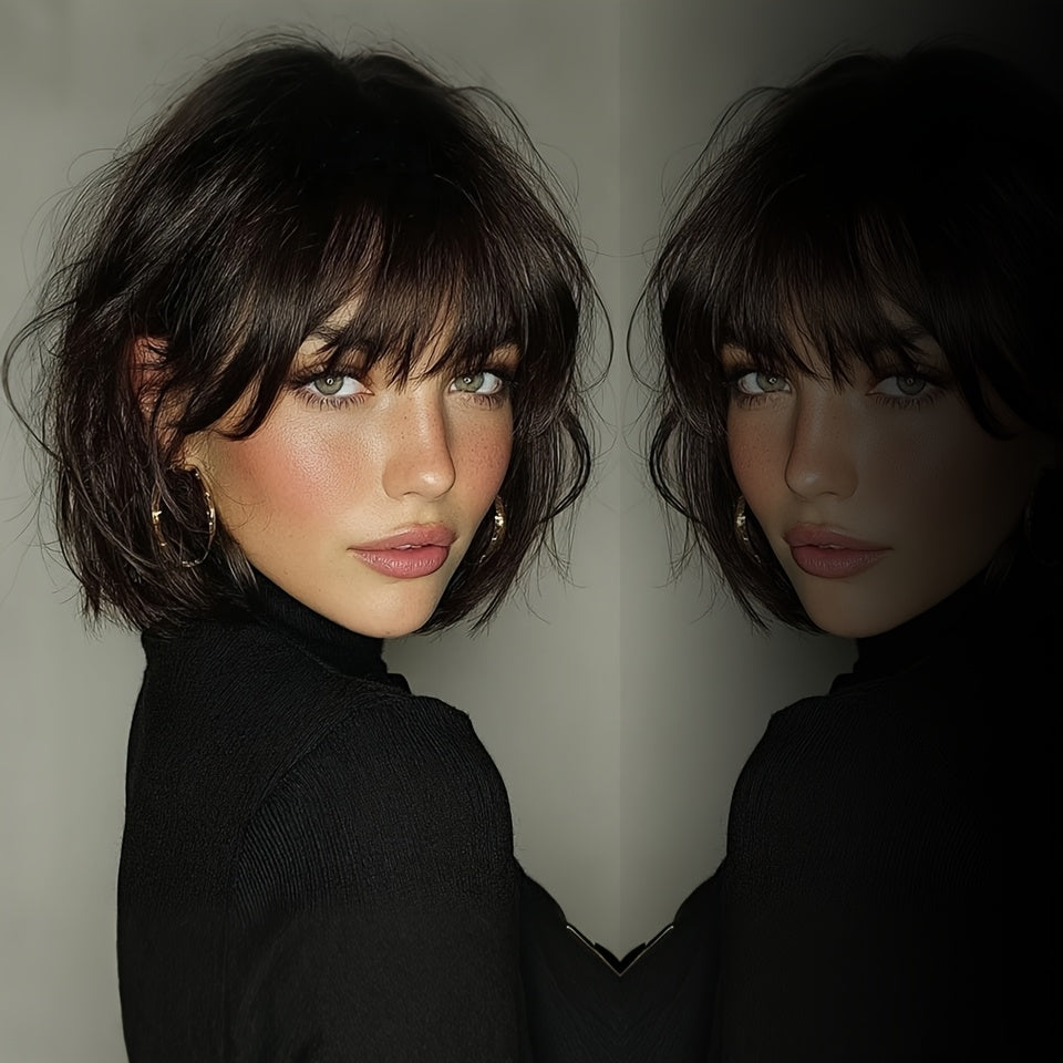 Straight Bob Human Hair Wigs With Bangs for Women | 100% Real Human Hair, Rose Net, Glueless, Full Machine Made, Remy Brazilian, Natural Color, 200% Density, Ideal for Holiday and Party Wear