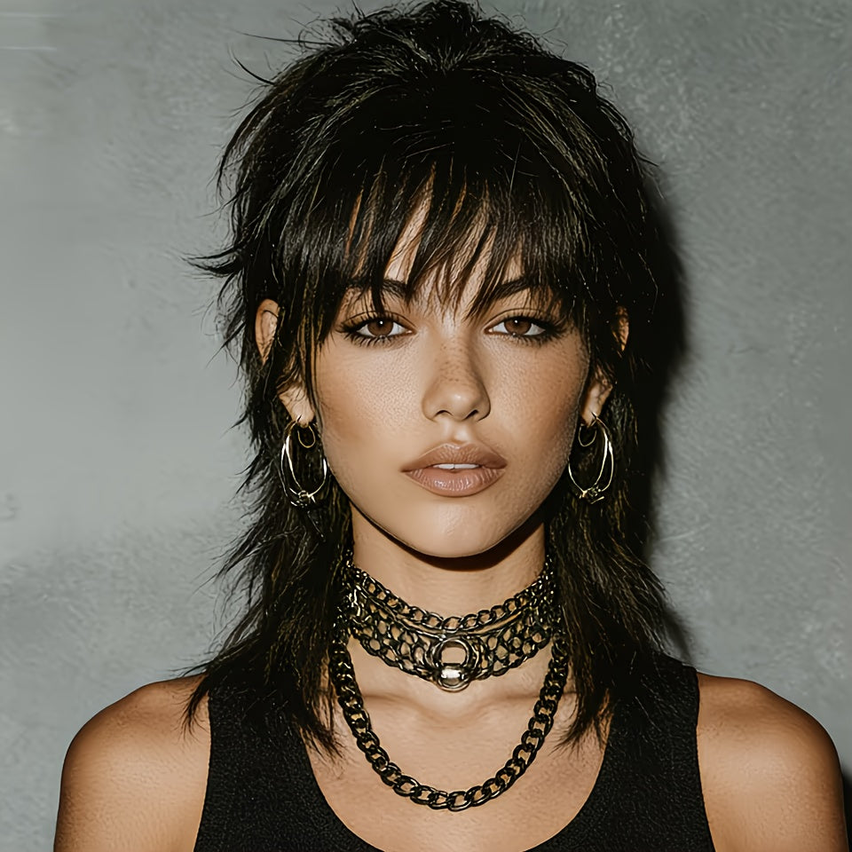Women'S 10-inch 180% Density Real Hair Short Black Fluffy Bikini Wig with Bangs & Wolf Tail | Suitable for Light Beige Helmets, Retro Business, Cosplay, Edge Style Hairpiece for Safety Helmet Attachment, Straight Hairpiece for All Hairstyles