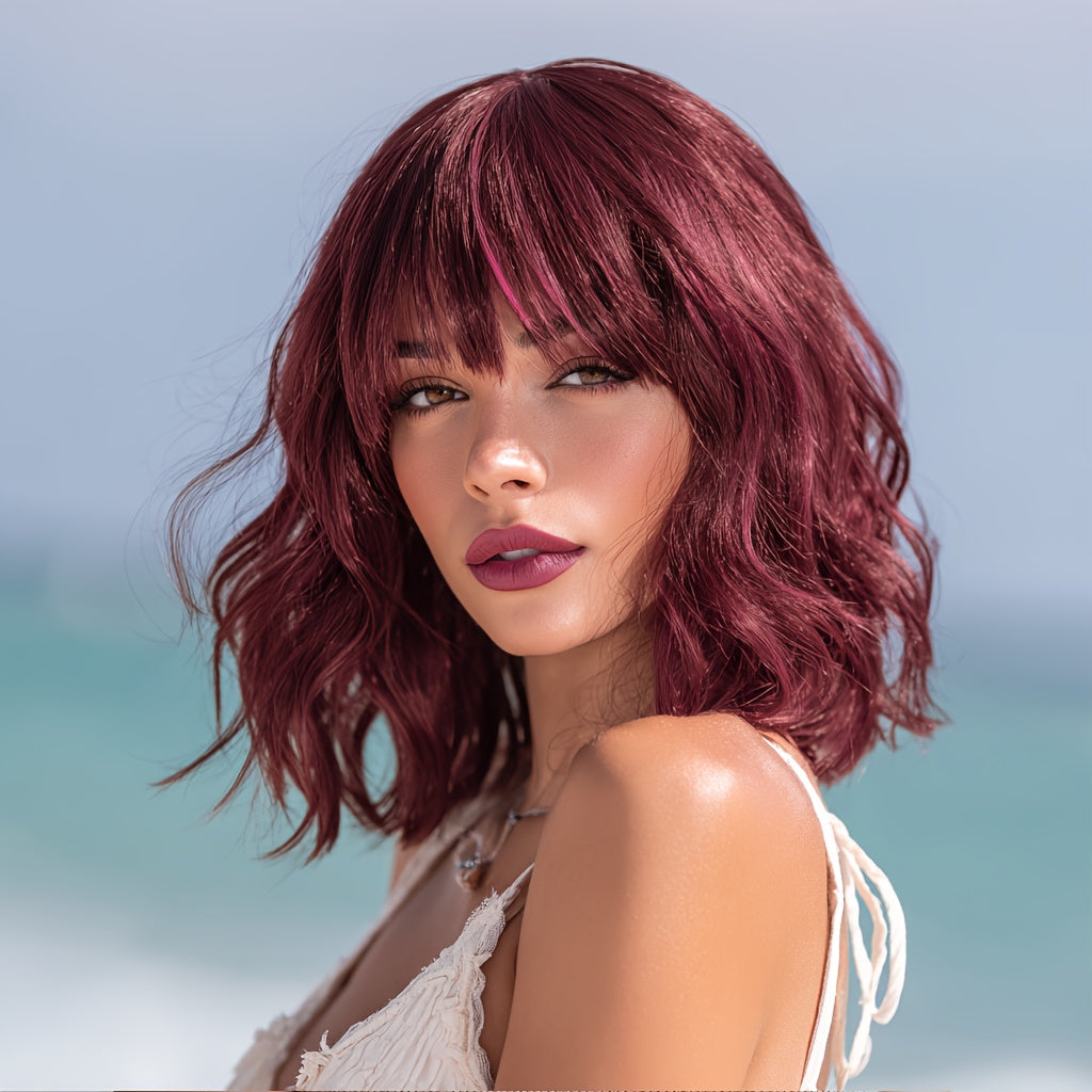 14 Inches, Short Pink Gradient Dyeing Bob Hair, Straight Bangs, Comfortable And Breathable, Women'S Wig, High Temperature Fiber, Suitable for Daily\u002F Wear