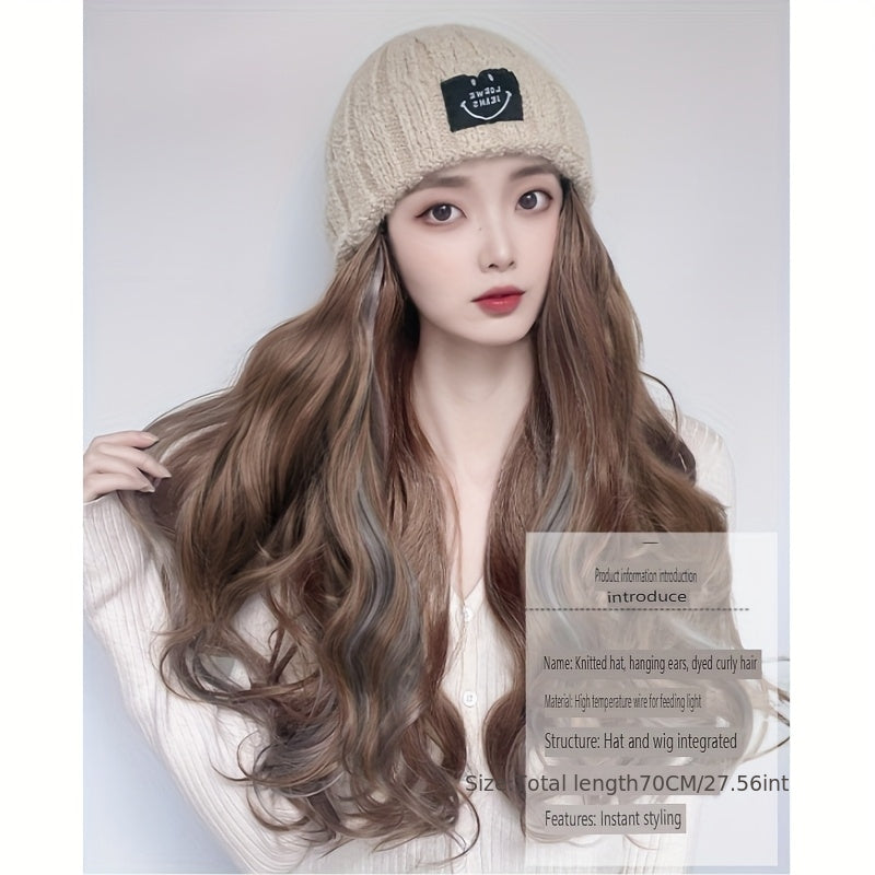 Kpop Cosplay Korean Long Curly Hair Hat Wig Integrated Autumn And Winter Knitted Plus Velvet Hat Wig Fluffy Long Curly Hair Travel Fashionable And Versatile For All Ladies' Daily Wear Halloween Hair Pieces For Women Decorate A Christmas Wig