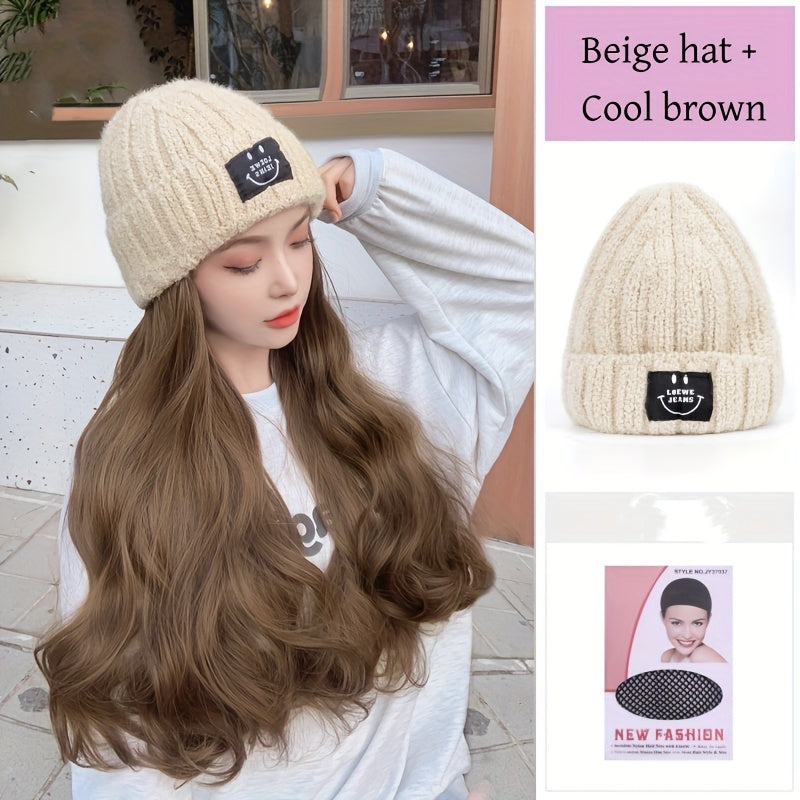 Kpop Cosplay Korean Long Curly Hair Hat Wig Integrated Autumn And Winter Knitted Plus Velvet Hat Wig Fluffy Long Curly Hair Travel Fashionable And Versatile For All Ladies' Daily Wear Halloween Hair Pieces For Women Decorate A Christmas Wig