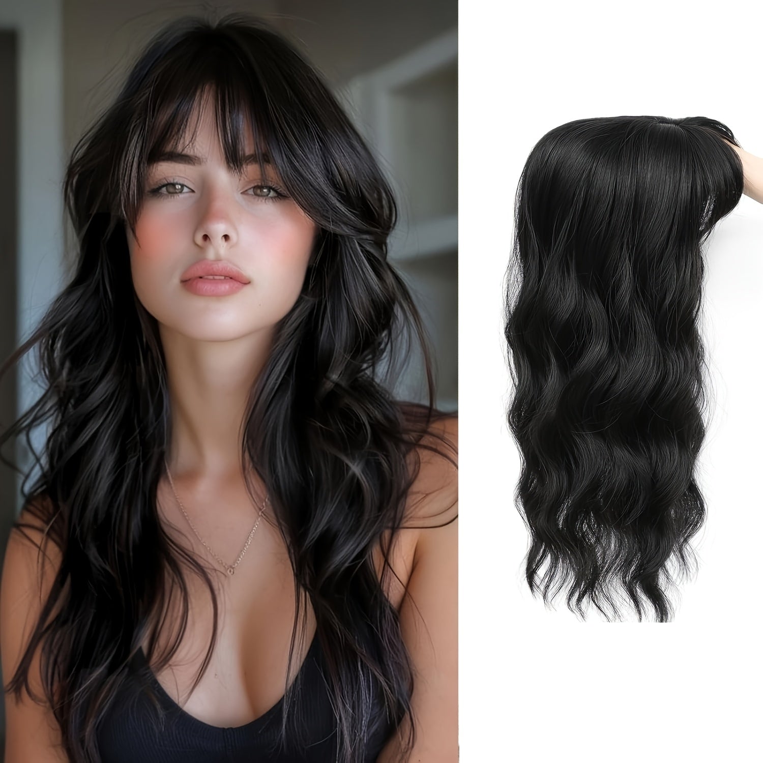 22” Long Curly Wavy Topper Wig with Bangs - Brown to Blonde Ombre Hairpiece Suitable for Women with Thinning Hair or Bald, Natural-Looking Voluminous Waves, Secure Fit Wig for Everyday Use & Hair Loss Solutions, Instant Volume & Scalp Coverage