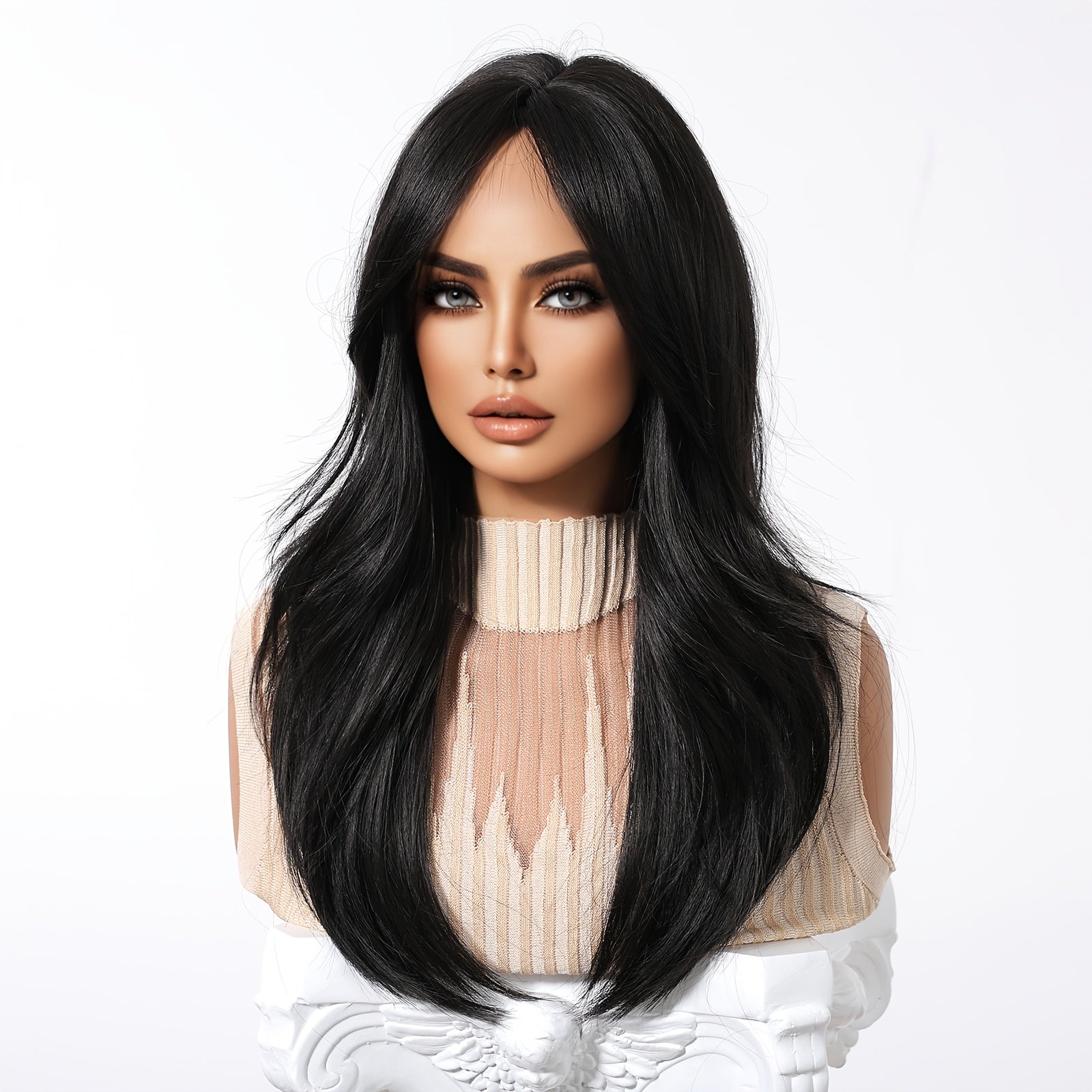Stylish Long Straight Wig for Women with a Black Split Design And Layered Cut, Perfect for Everyday Use And Special Occasions Like Christmas, Thanksgiving, New Year Celebrations, Mother'S Day