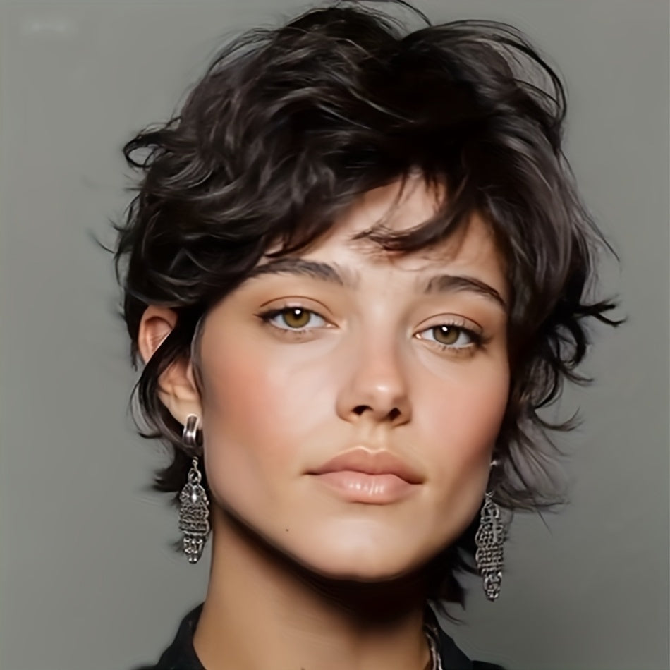 Women's Natural Black Short Straight Mullet Wig Layered with Bangs - 200% Density Human Hair (Rose Net) | Instant Volume & Fullness for Daily Wear, Wolf Haircut Short Cut Hairstyle Suitable for Casual Attire and Parties & Christmas & Black Friday