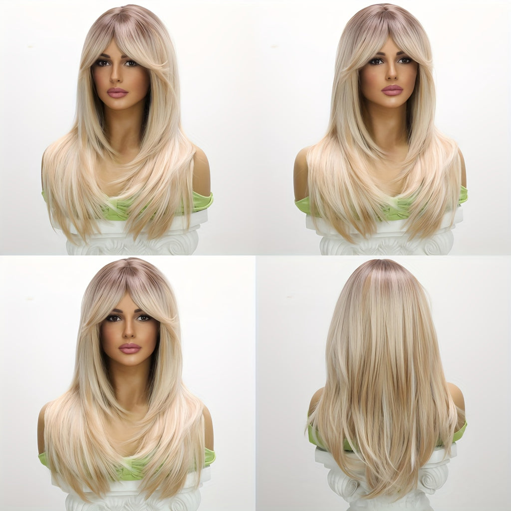 22-Inch Ombre Platinum Blonde Wig for Women - Heat-Resistant Synthetic Hair, & Lightweight, Straight Style, Rose Net Cap, Perfect for TikTok, Instagram