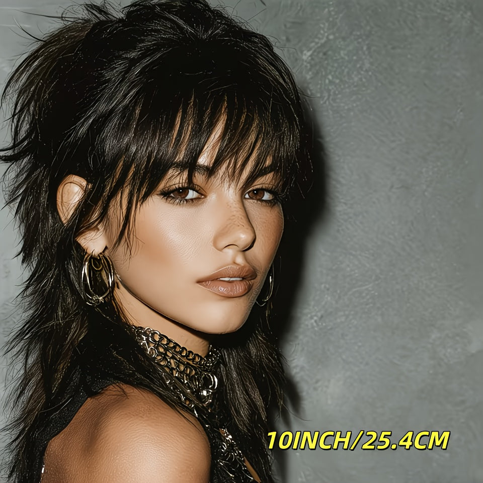 Women'S 10-inch 180% Density Real Hair Short Black Fluffy Bikini Wig with Bangs & Wolf Tail | Suitable for Light Beige Helmets, Retro Business, Cosplay, Edge Style Hairpiece for Safety Helmet Attachment, Straight Hairpiece for All Hairstyles