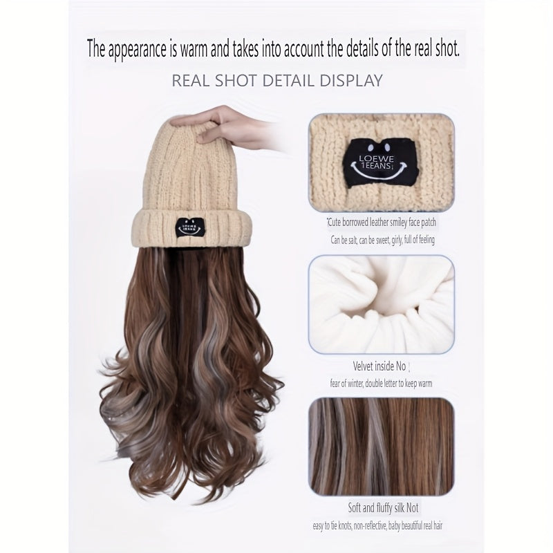 Kpop Cosplay Korean Long Curly Hair Hat Wig Integrated Autumn And Winter Knitted Plus Velvet Hat Wig Fluffy Long Curly Hair Travel Fashionable And Versatile For All Ladies' Daily Wear Halloween Hair Pieces For Women Decorate A Christmas Wig