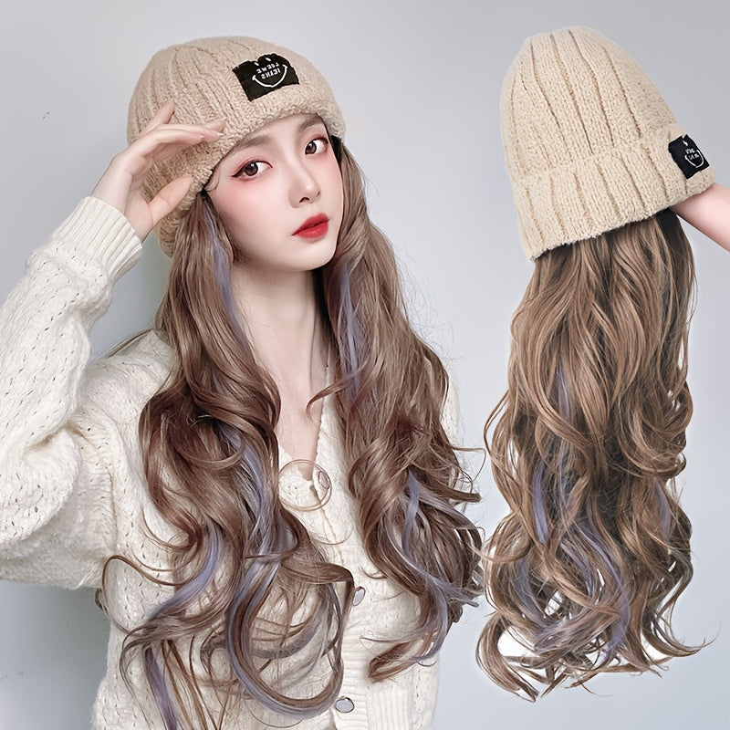 Kpop Cosplay Korean Long Curly Hair Hat Wig Integrated Autumn And Winter Knitted Plus Velvet Hat Wig Fluffy Long Curly Hair Travel Fashionable And Versatile For All Ladies' Daily Wear Halloween Hair Pieces For Women Decorate A Christmas Wig