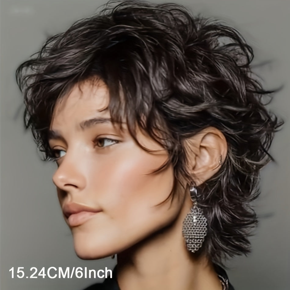 Women's Natural Black Short Straight Mullet Wig Layered with Bangs - 200% Density Human Hair (Rose Net) | Instant Volume & Fullness for Daily Wear, Wolf Haircut Short Cut Hairstyle Suitable for Casual Attire and Parties & Christmas & Black Friday