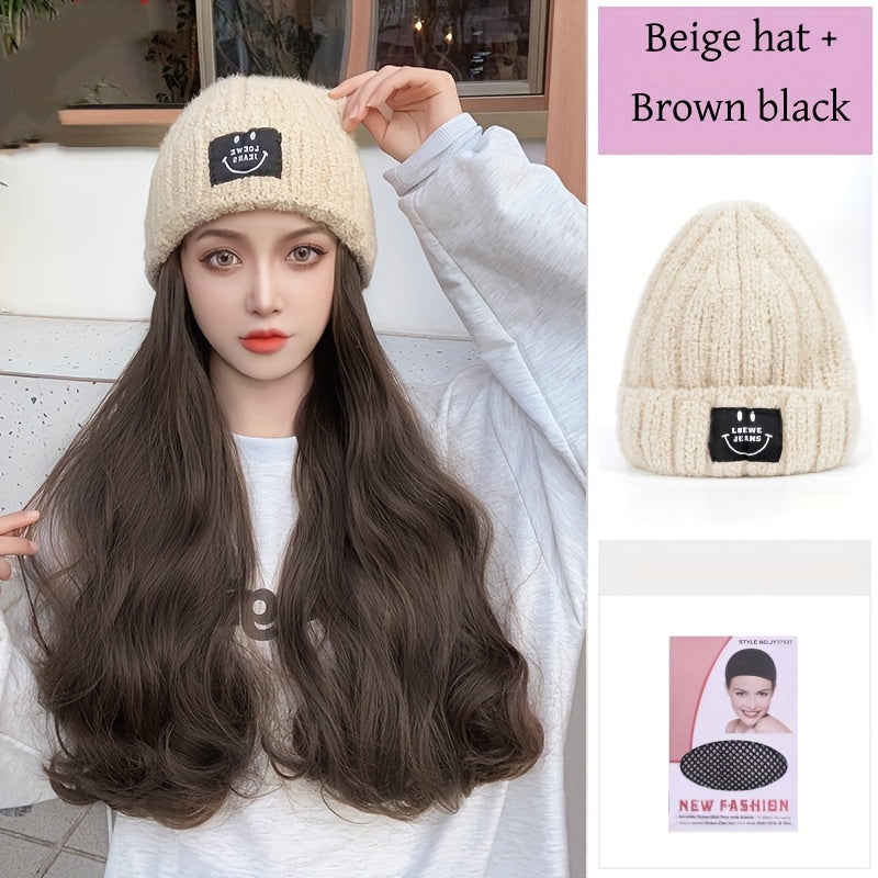 Kpop Cosplay Korean Long Curly Hair Hat Wig Integrated Autumn And Winter Knitted Plus Velvet Hat Wig Fluffy Long Curly Hair Travel Fashionable And Versatile For All Ladies' Daily Wear Halloween Hair Pieces For Women Decorate A Christmas Wig