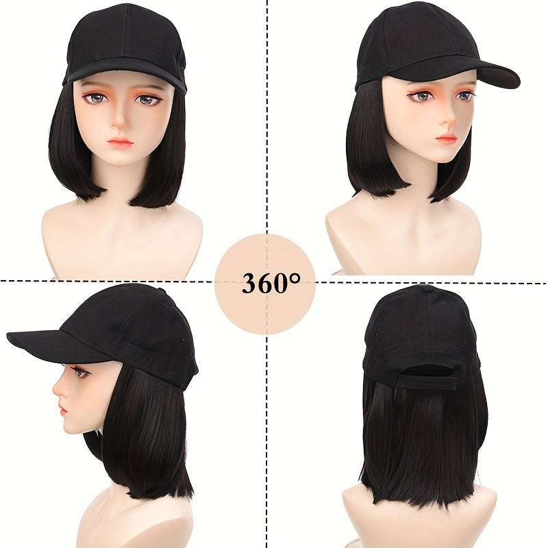 Chic 8-Inch Short Bob Wig with Adjustable Black Baseball Cap - Easy-to-Wear Synthetic Hair Extension for Women & Girls
