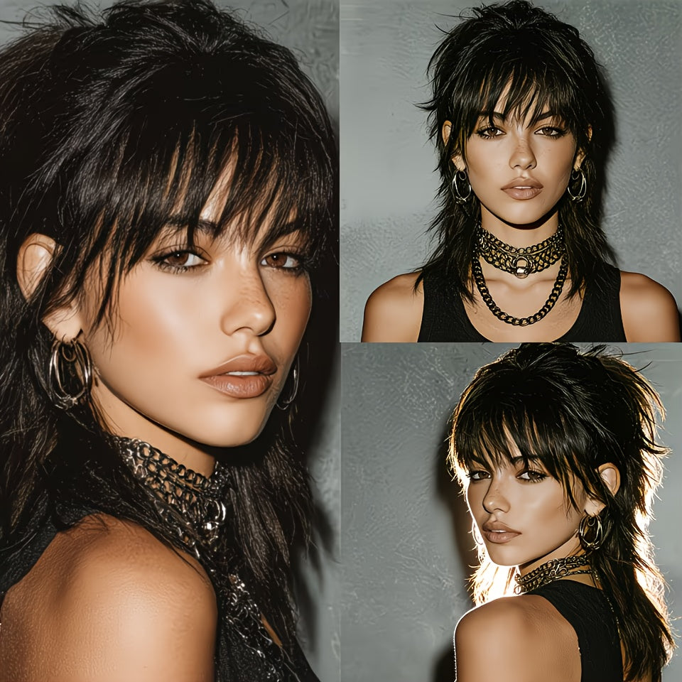 Women'S 10-inch 180% Density Real Hair Short Black Fluffy Bikini Wig with Bangs & Wolf Tail | Suitable for Light Beige Helmets, Retro Business, Cosplay, Edge Style Hairpiece for Safety Helmet Attachment, Straight Hairpiece for All Hairstyles