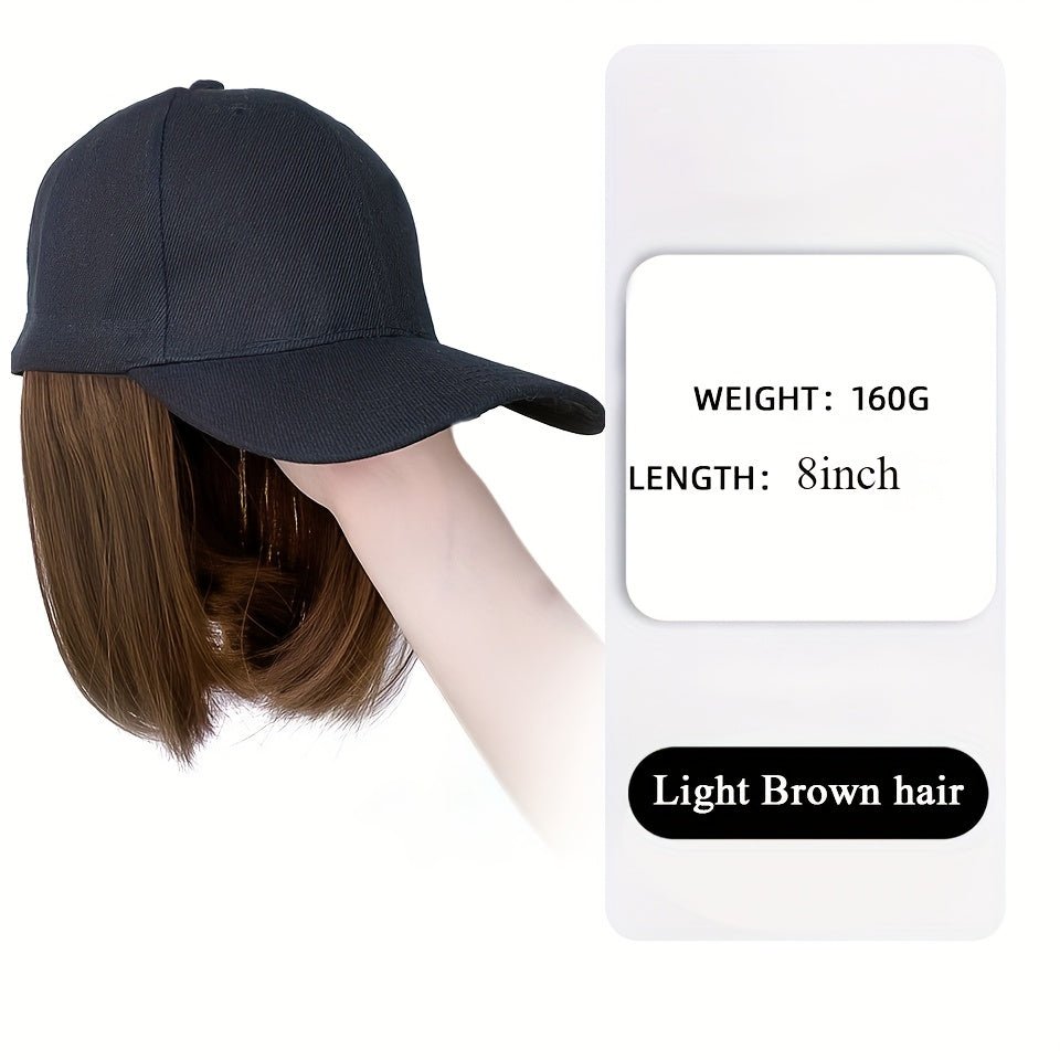 Chic 8-Inch Short Bob Wig with Adjustable Black Baseball Cap - Easy-to-Wear Synthetic Hair Extension for Women & Girls
