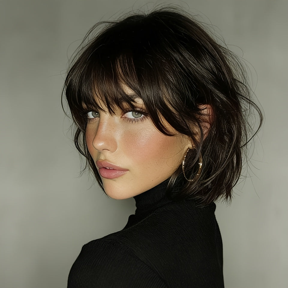 Straight Bob Human Hair Wigs With Bangs for Women | 100% Real Human Hair, Rose Net, Glueless, Full Machine Made, Remy Brazilian, Natural Color, 200% Density, Ideal for Holiday and Party Wear
