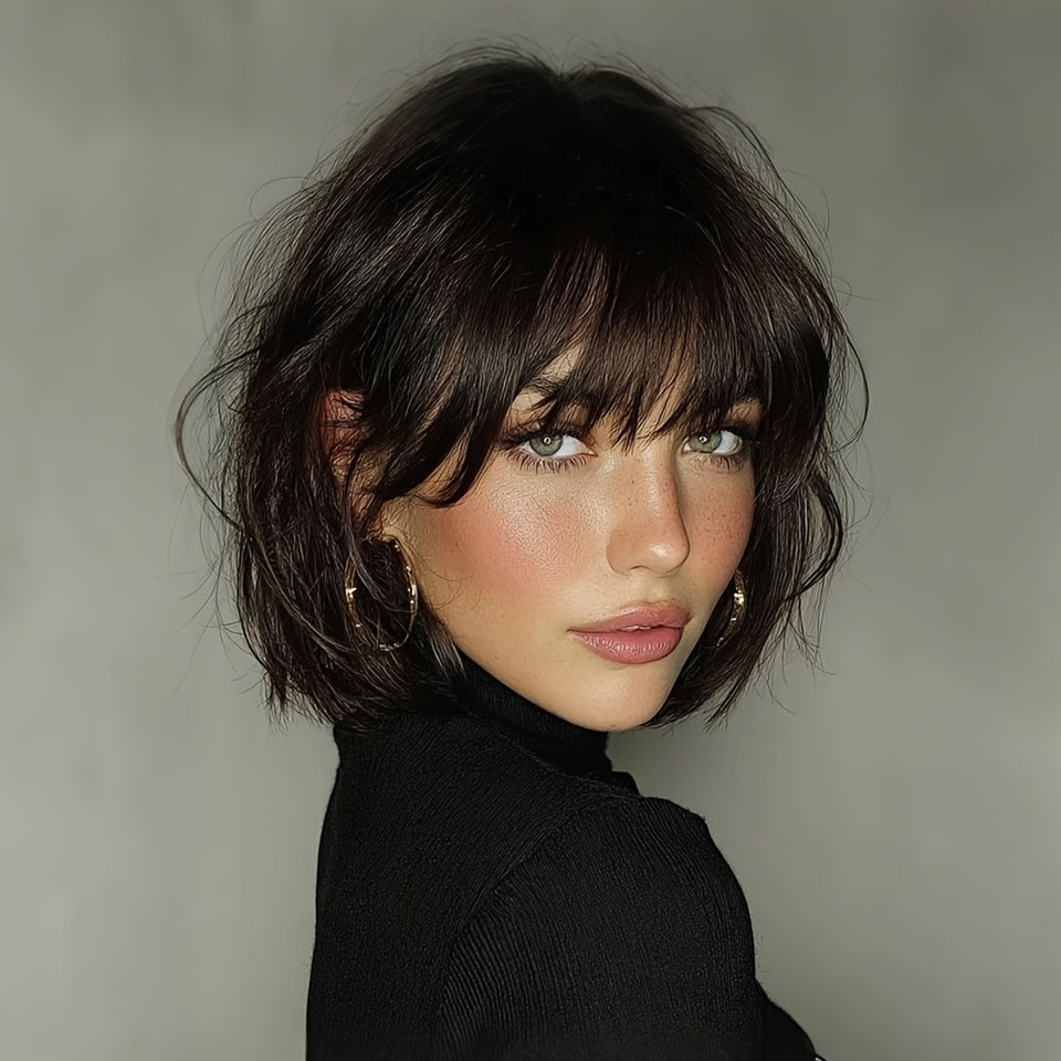 Straight Bob Human Hair Wigs With Bangs for Women | 100% Real Human Hair, Rose Net, Glueless, Full Machine Made, Remy Brazilian, Natural Color, 200% Density, Ideal for Holiday and Party Wear