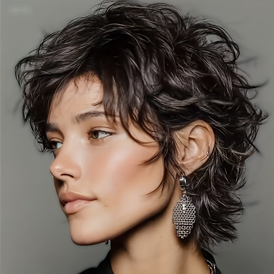 Women's Natural Black Short Straight Mullet Wig Layered with Bangs - 200% Density Human Hair (Rose Net) | Instant Volume & Fullness for Daily Wear, Wolf Haircut Short Cut Hairstyle Suitable for Casual Attire and Parties & Christmas & Black Friday