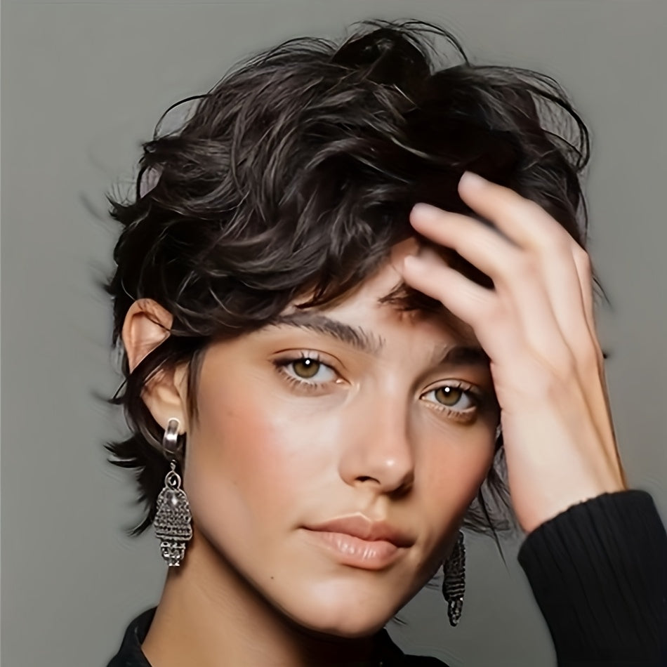 Women's Natural Black Short Straight Mullet Wig Layered with Bangs - 200% Density Human Hair (Rose Net) | Instant Volume & Fullness for Daily Wear, Wolf Haircut Short Cut Hairstyle Suitable for Casual Attire and Parties & Christmas & Black Friday