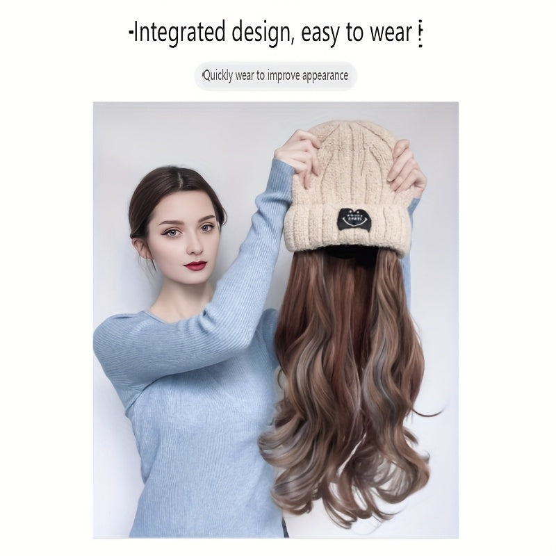 Kpop Cosplay Korean Long Curly Hair Hat Wig Integrated Autumn And Winter Knitted Plus Velvet Hat Wig Fluffy Long Curly Hair Travel Fashionable And Versatile For All Ladies' Daily Wear Halloween Hair Pieces For Women Decorate A Christmas Wig