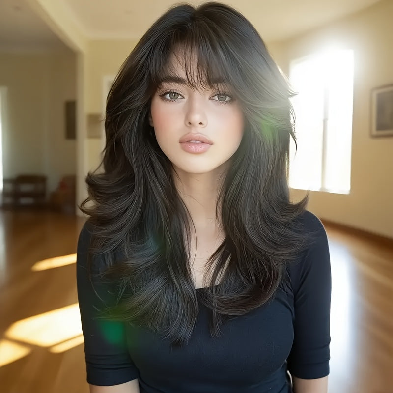 A Glueless Lace Front Wig Made from Brazilian Human Hair for Women, Featuring a Pre-Plucked Hairline And a Natural Brown Body Wave Texture with 180% Density. This Hairpiece Requires No Glue Or Adhesive