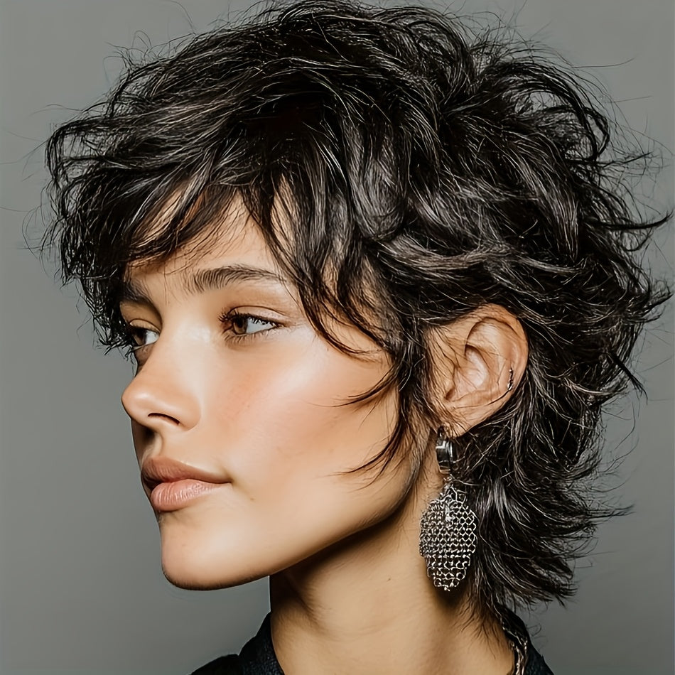 Women's Natural Black Short Straight Mullet Wig Layered with Bangs - 200% Density Human Hair (Rose Net) | Instant Volume & Fullness for Daily Wear, Wolf Haircut Short Cut Hairstyle Suitable for Casual Attire and Parties & Christmas & Black Friday
