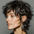 Women's Natural Black Short Straight Mullet Wig Layered with Bangs - 200% Density Human Hair (Rose Net) | Instant Volume & Fullness for Daily Wear, Wolf Haircut Short Cut Hairstyle Suitable for Casual Attire and Parties & Christmas & Black Friday