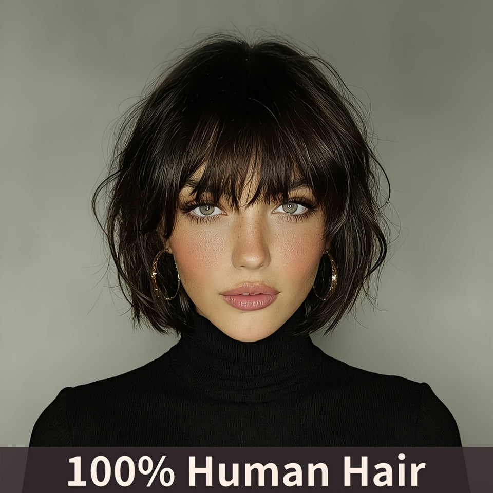 Straight Bob Human Hair Wigs With Bangs for Women | 100% Real Human Hair, Rose Net, Glueless, Full Machine Made, Remy Brazilian, Natural Color, 200% Density, Ideal for Holiday and Party Wear