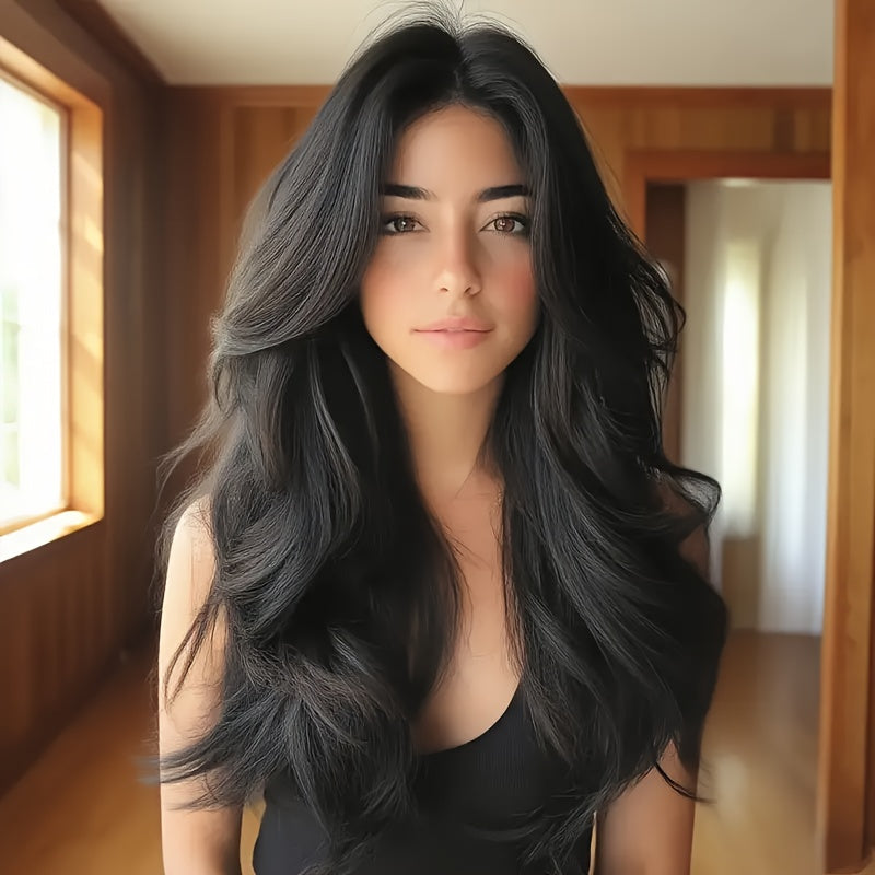 A Glueless Lace Front Wig Made from Brazilian Human Hair for Women, Featuring a Pre-Plucked Hairline And a Natural Brown Body Wave Texture with 180% Density. This Hairpiece Requires No Glue Or Adhesive